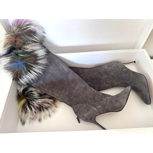 $1995 Manolo Blahnik Likanskim Boots Fur Suede Tall Womens Shoes Size 37.5 New - Picture 1 of 11